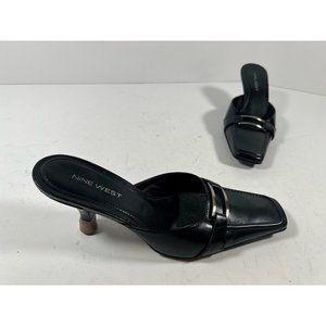 Nine West Womens Mules Heel Black Leather Slip On Mid Square Toe 6 M